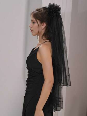 1 st svart vintage brudslöja, organza stor blomma pärldekor gotisk stil, lämplig för temabröllop, halloweenfest, 2-lagers 1 meter lång