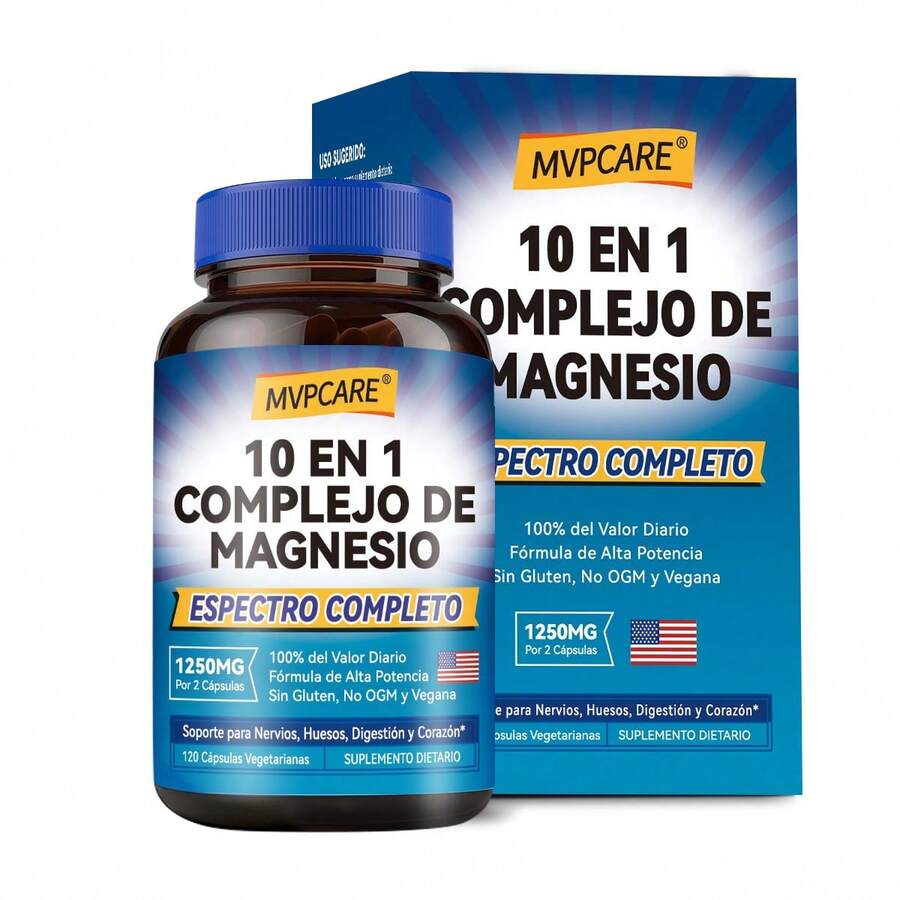 MVPCARE Complejo de Magnesio 1250mg - Soporte Huesos, Nervios, Corazón y Digestión - 120 Cápsulas Vegetarianas - Alta Potencia - Sin Gluten