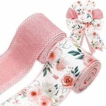 Spring Pink Rose Flower Wired Edge Ribbon Watercolor Floral Craft Fabric Ribbon For Wreath Bow DIY Wrapping Birthday Wedding Party Dr, 2 Rolls, 20 Yard,23939728 - 玫瑰紅 - 查看 1
