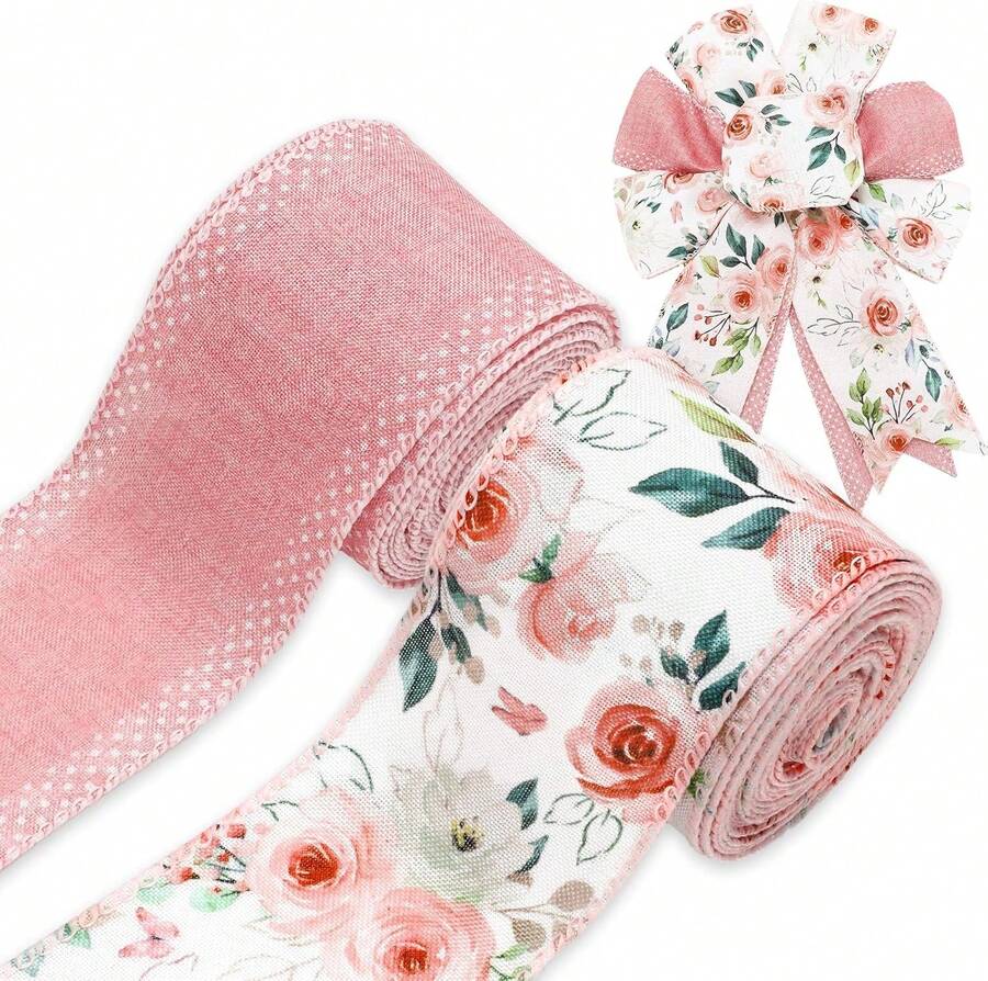 Spring Pink Rose Flower Wired Edge Ribbon Watercolor Floral Craft Fabric Ribbon For Wreath Bow DIY Wrapping Birthday Wedding Party Dr, 2 Rolls, 20 Yard,23939728 - 玫瑰紅 - 查看 1