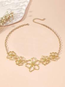 1pc Gold-Color Alloy Hollow Flower Design Women Necklace & Bracelet Unique Fashion Personalized Jewelry Set