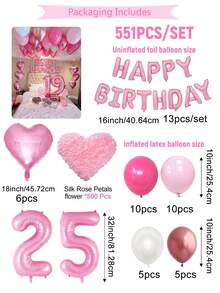 551pcs Pink Birthday Decoration Set | Happy Birthday Banner + Foil Heart Balloons | Thick Latex Balloons | Suitable For 15th, 16th, 17th, 18th, 19th, 20th, 21st, 22nd, 23rd, 24th, 25th, 26th, 27th, 28th, 29th, 30th, 40th Birthday Decorations, Backdrop, Fairy Party, Adult Party/Best Friend Birthday/Proposal Backdrop, Instagrammable Photo Background - 彩色 - 查看 18