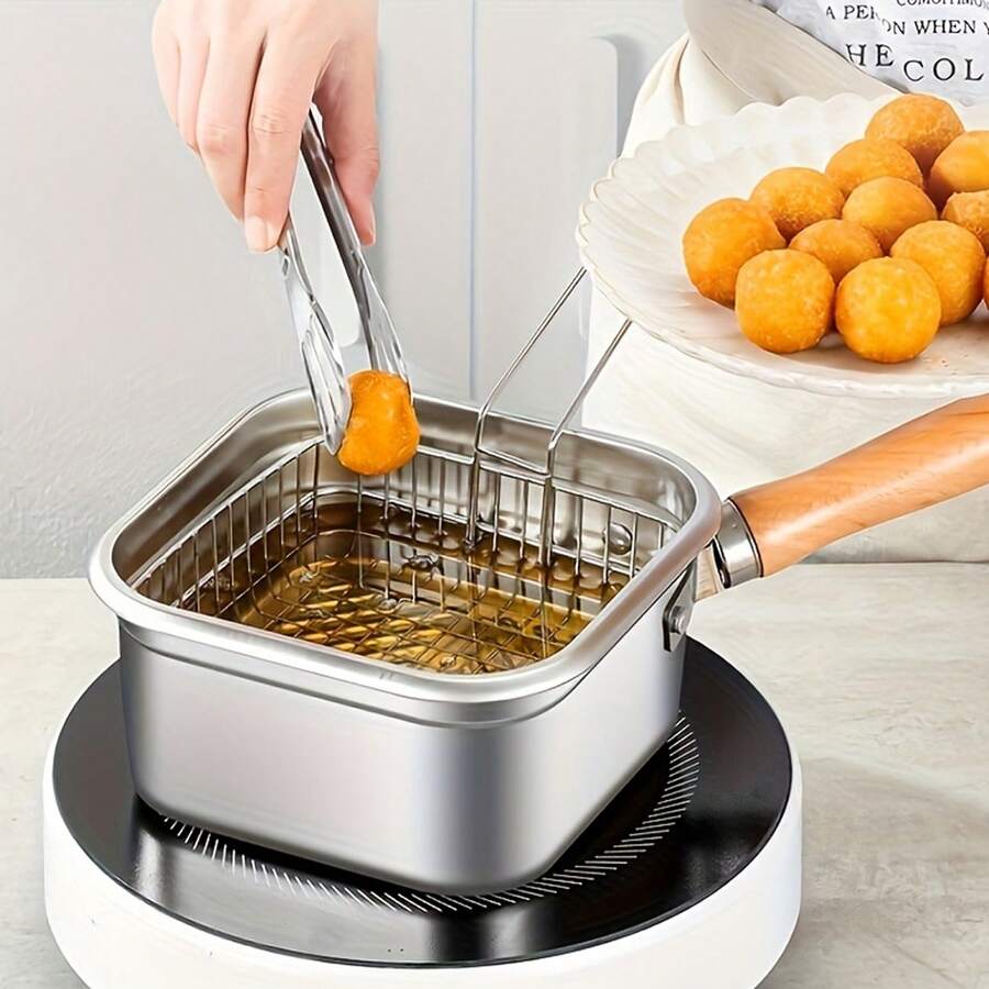 Stainless Steel Deep Fryer Pot With Basket & Tongs, Square Induction Compatible Fry Pan For Indoor Outdoor Cooking - Silver - View 1