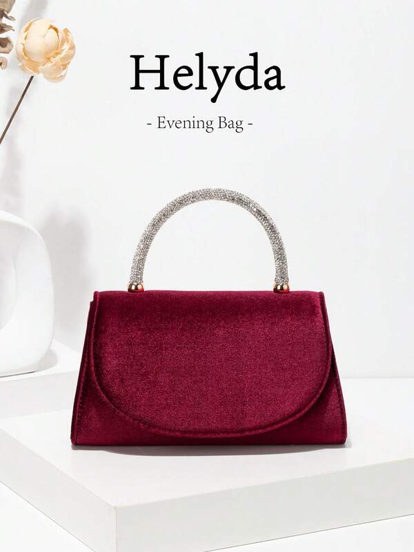 1 Stück Helyda Burgund Samt Hochwertige Damen Abendtasche, kombiniert mit funkelnden Strass- und Metallperlen, Handtasche/Tragetasche/Umhängetasche/Umhängetasche, geeignet für Hochzeiten, Partys, Galas und andere formelle Anlässe