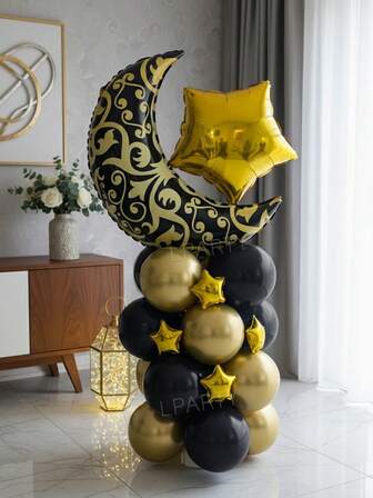 24 st/set 28-tums jättestora svarta och guldfärgade måneformade folieballonger, lämpliga för Eid/Ramadan-festdekorationer, Eid-firanden, födelsedag, årsdagsdekorationer, inkluderar 18-tums och 5-tums guldstjärneballonger, 10-tums guld- och svarta latexballonger, för Eid-ballongbåge, babyshower, könsavslöjande fest, heminredning