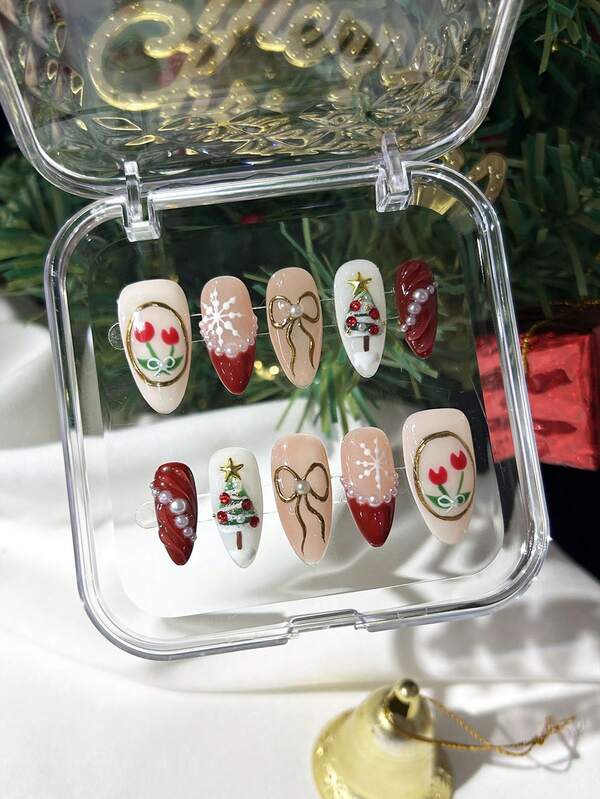 10 Stücke handgefertigte Weihnachts-Aufkleb-Nägel, mandelförmig, rote französische Fingerspitzen, 3D-Chrom-Schleifen, bemalte Tulpen, Schneeflocken und Weihnachtsbaum-Dekorationen, weiße Perldiamanten, geeignet für Mädchen und Frauen zu Neujahr und Weihnachten, Nageldekoration