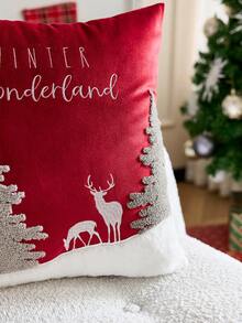 1pc Christmas Red Christmas Tree & Reindeer Embroidered Cushion Cover, Suitable For Indoor Decor, Christmas Decorative Pillow Cover, Pillow Insert Not Included - Red - View 6