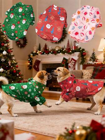 1 Set Christmas Pet Apparel: Fleece Dog Clothes With Reindeer Pattern For Christmas Party, Christmas Pet Bib With Snowman & Santa Claus Design, Pet Bandana