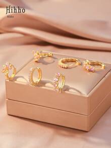 6pcs/Set Minimalist Sparkling Cubic Zirconia Embedded Floral, Geometric, Heart Hoop Earrings Set, Cute Pink Luxury Jewelry Gift - Pink - View 3