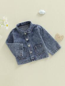 Chaqueta vaquera para niña pequeña, primavera y otoño, color liso, de manga larga, con solapa y botones, ropa para niña pequeña - Azul - Ver 4