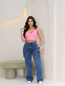 Wide Leg Cargo Pants With Pockets And Lycra – Modern Design, Comfort And Urban Style - Medium Wash - View 3