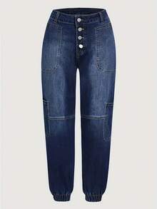Women's Casual Vintage Multi-Pocket Button Front Cuffed Denim Jogger Pants For All Seasons - 藍色 - 查看 3