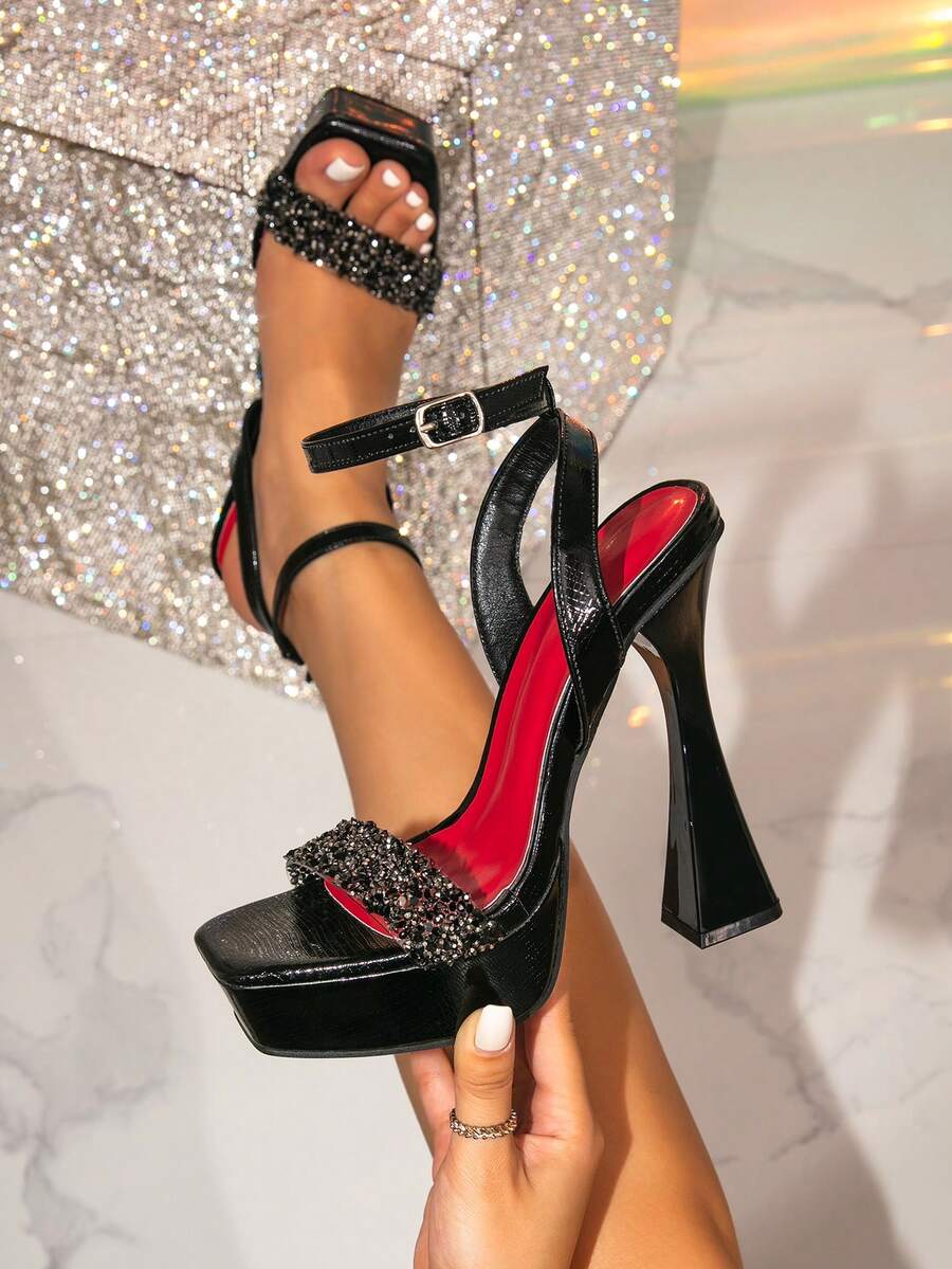 Women's Thick Platform Square Toe Black Rhinestone Decorated Glamorous Party High Heel Sandals, Suitable For Outings - Black - View 1