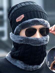 冬季围巾帽子套装，保暖内衬针织帽，适合户外骑行，男士冬季羊毛帽，滑雪帽，冬帽，针织帽，秋季套装