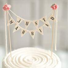 1pc Non-Edible "Just Married" Cake Topper Decoration, Colorful Double-Sided Fabric Flag Banner For Wedding Cake Decor - Style 1 - View 5