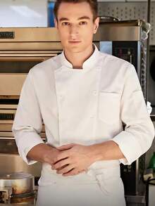 Men's Chef Coat Long Sleeve Classic Boat Neck Solid Color Non-Stretch Fabric With Buttons - Professional Kitchen & Restaurant Cooking Baking Uniform, Regular Fit - White - View 2