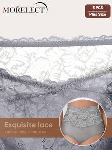 Morelect 5pcs/Pack Plus Size Women High Waist Tummy Control Cotton Panties, Lace Patchwork, Full Coverage, Jacquard Pattern - Multicolor - View 6