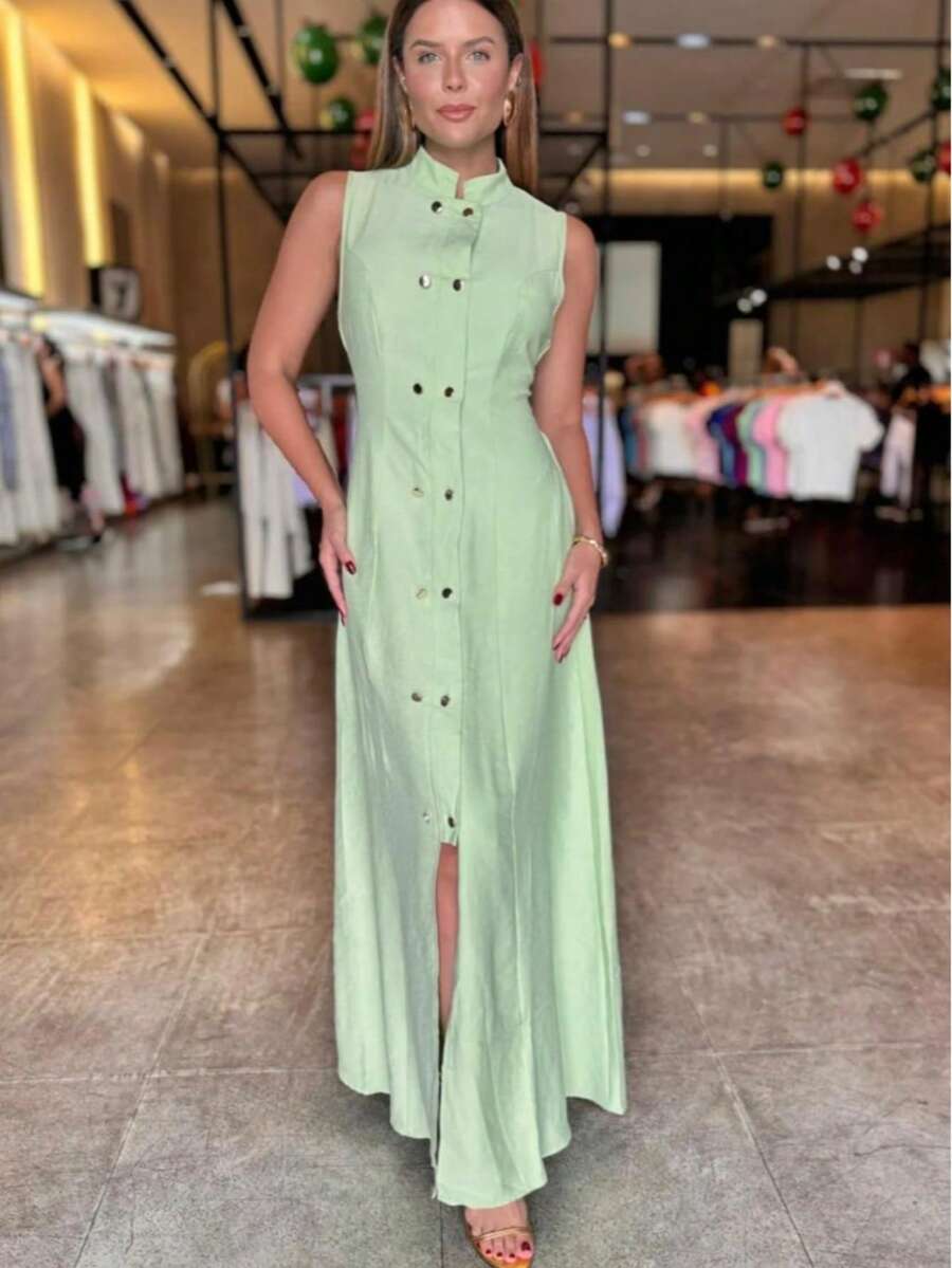 Long Formal Dress Slit Party Wedding Buttons Pocket High Collar Sensorial Tailoring Marrant Fashion Blogger - 薄荷綠 - 查看 1