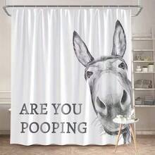 Humorous Donkey Shower Curtain, 'Are You Pooping?' Funny Bathroom Decor, Waterproof Polyester, Multiple Sizes - 白色 - 查看 2