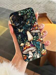 Fashionable Popular Personalized Stained Glass Mushroom & Butterfly Pattern Design Theme Luxury Shockproof Aesthetic Cute Phone Case,Lens Protrusion Protection ,Suitable For IPhone17/IPhone17 Air/IPhone17 Pro/IPhone17 Pro Max/16 Pro Max/15 Pro Max/14 Pro Max/13 Pro Max/12 Pro Max, Gift For Easter Day, Christmas Halloween Decoration/Gift For Birthday, Girlfriend, Boyfriend, Friend Or Yourself. - 黑色 - 查看 1