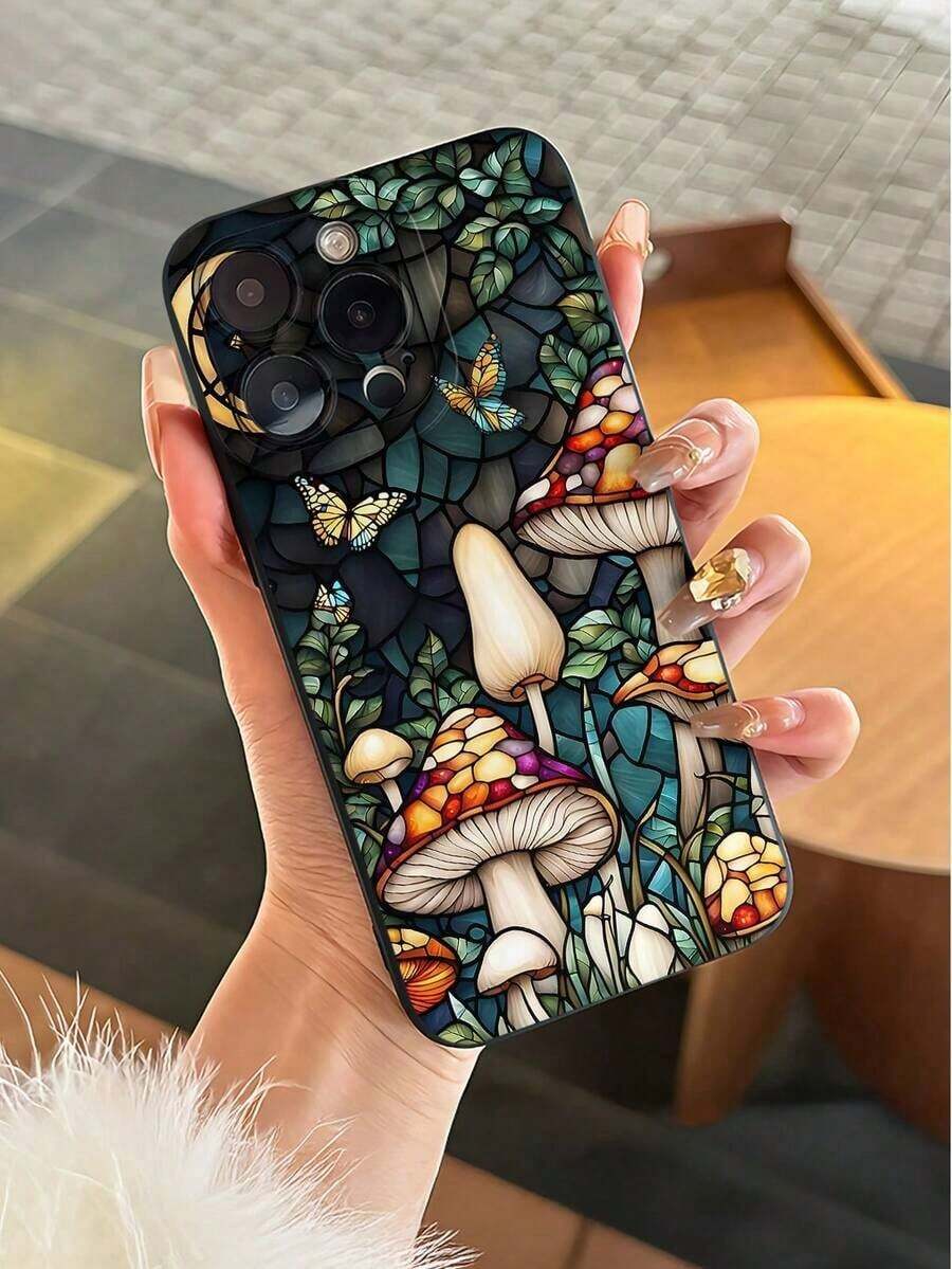 Fashionable Popular Personalized Stained Glass Mushroom & Butterfly Pattern Design Theme Luxury Shockproof Aesthetic Cute Phone Case,Lens Protrusion Protection ,Suitable For IPhone17/IPhone17 Air/IPhone17 Pro/IPhone17 Pro Max/16 Pro Max/15 Pro Max/14 Pro Max/13 Pro Max/12 Pro Max, Gift For Easter Day, Christmas Halloween Decoration/Gift For Birthday, Girlfriend, Boyfriend, Friend Or Yourself. - 黑色 - 查看 1