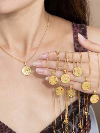 1 st. titanstål 12 stjärntecken runt hänge halsband, 18K guldpläterat kubiskt zirkonia halsband, lämpligt för vardagsbruk, födelsedagspresent