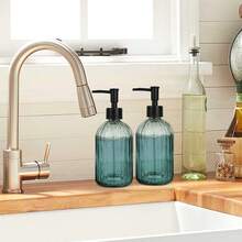 2pcs Glass Soap Dispenser With Plastic Pump, Hand Soap Dispenser For Hand Wash, Lotion Dispenser For Dishwashing Liquid, Lotion Shower Gel (Striped Green) - Green - View 7