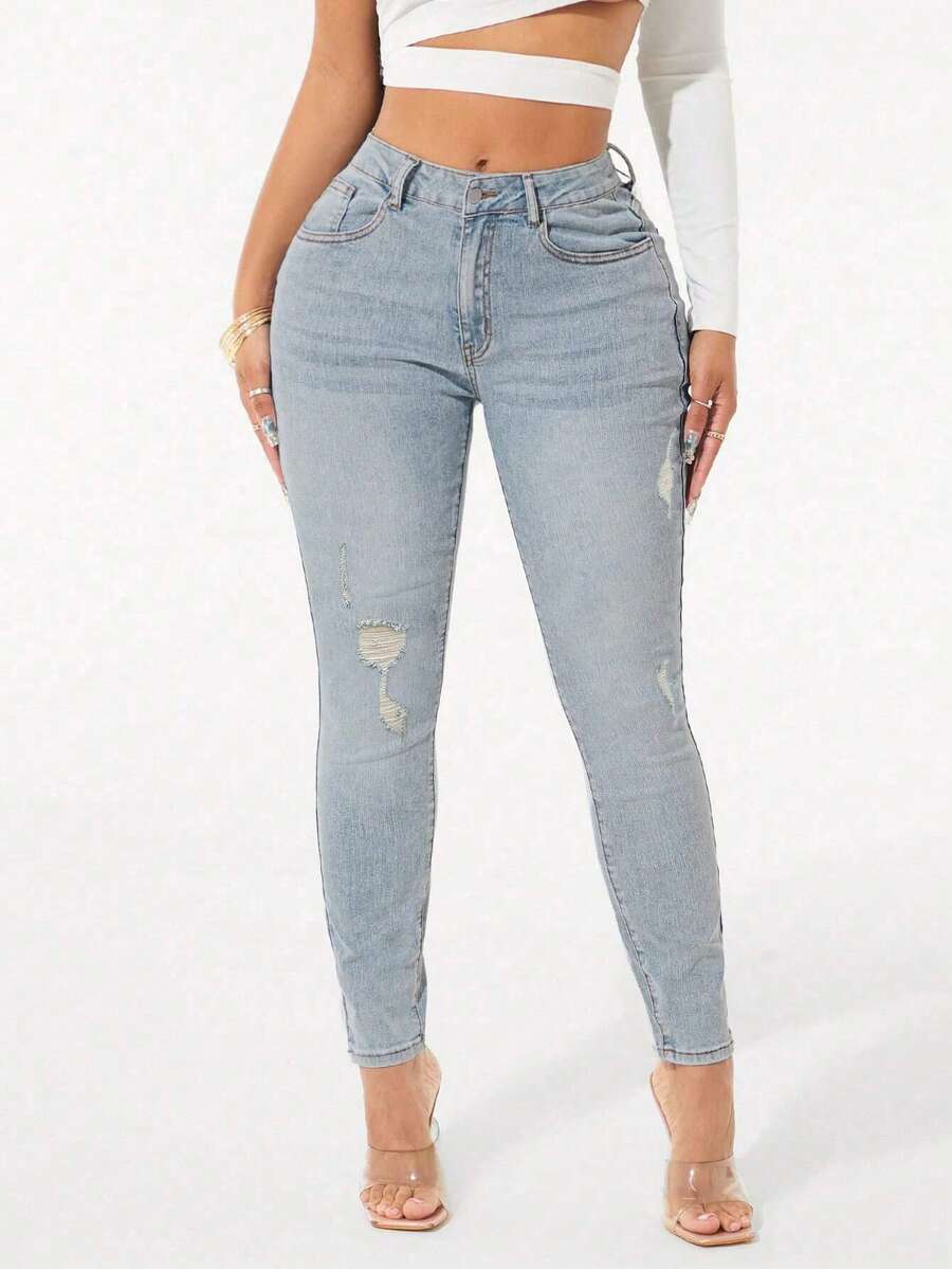 IDYLLIC Pantalones vaqueros ajustados de moda para mujer, de mezclilla de alta elasticidad con botones y detalles de cremallera, pantalones largos casuales - Azul - Ver 1