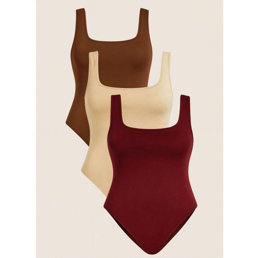 Kit 3 Body Bori Women's Tank Top Thick Strap Basic Casual Blogger Suplex Various Colors Spring Summer - Wine/Brown/Nude - View 1