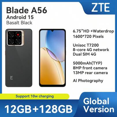  Zte，智能手机，A56，已解锁，Android 15。（4GB RAM+8GB Fusion）+128GB ROM，5000mAh 电池，双 SIM 卡 4G，90Hz，支持 NFC，4G LTE，全球版本