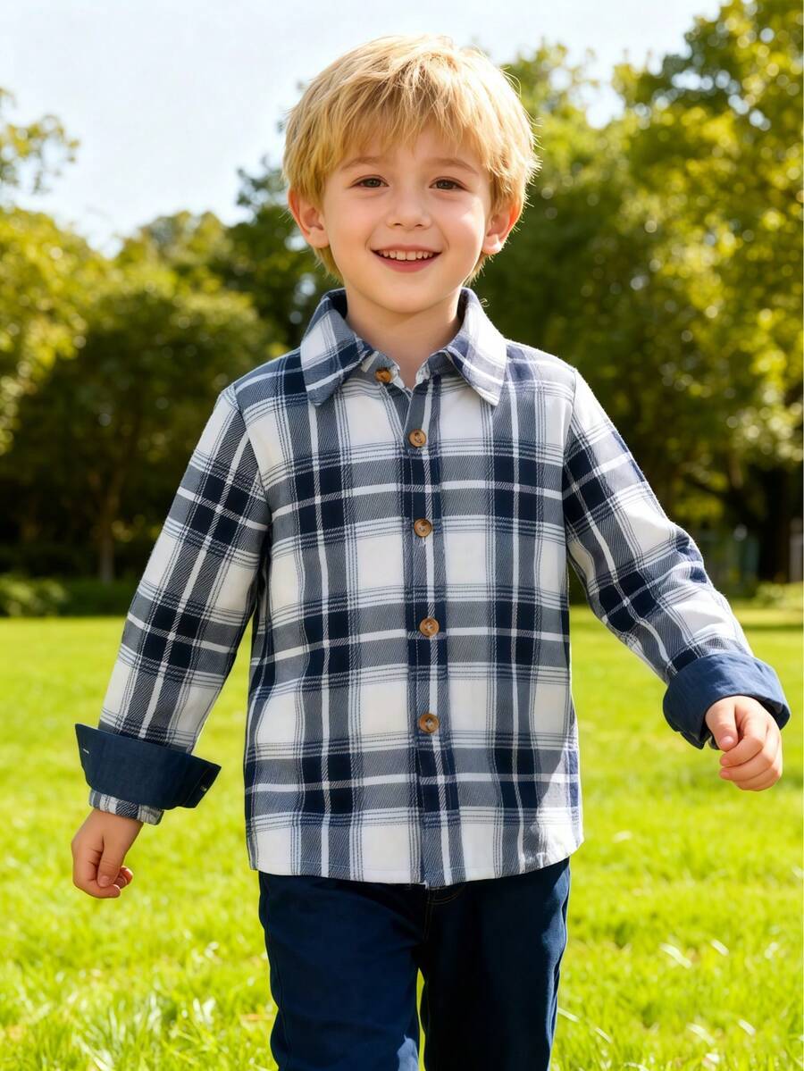 Young Boys Long Sleeve Collared Shirt, Autumn - Multicolor - View 1