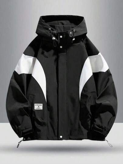 Chaqueta casual con capucha con cordón, cremallera frontal y contraste de color, para hombre, otoño
