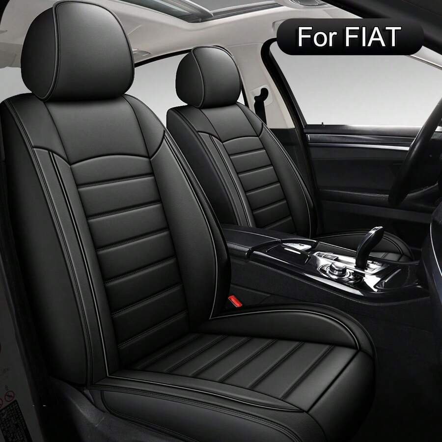 JDWBT Leather Car Seat Covers Full Set Universal, Fit For FIAT Panda, 500L, 500X, Tipo, Bravo, Linea, Stilo, Lancia Ypsilon, Adjustable Front Seats And Back, Automotive 5 Seat Covers All Season, Car Seat Protectors Airbag Compatible - 黑色 - 查看 1