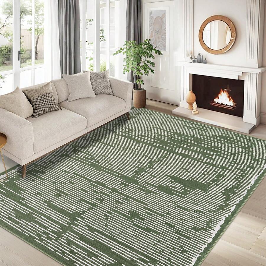 Machine-Washable, Modern Style Rug, Striped Pattern Rug, Low Pile, Non-Shedding/Non-Slip And Stain-Resistant, Suitable For Living Room, Study, Office, Bedroom (Green) - 綠色 - 查看 1