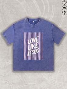 EWH 100% Pure Cotton,Pink Vertical Striped Background And "LOVE LIKE JESUS" Text,230g Round-Neck T-Shirt, Wash Water, Unisex 004-A - 藍色 - 查看 1