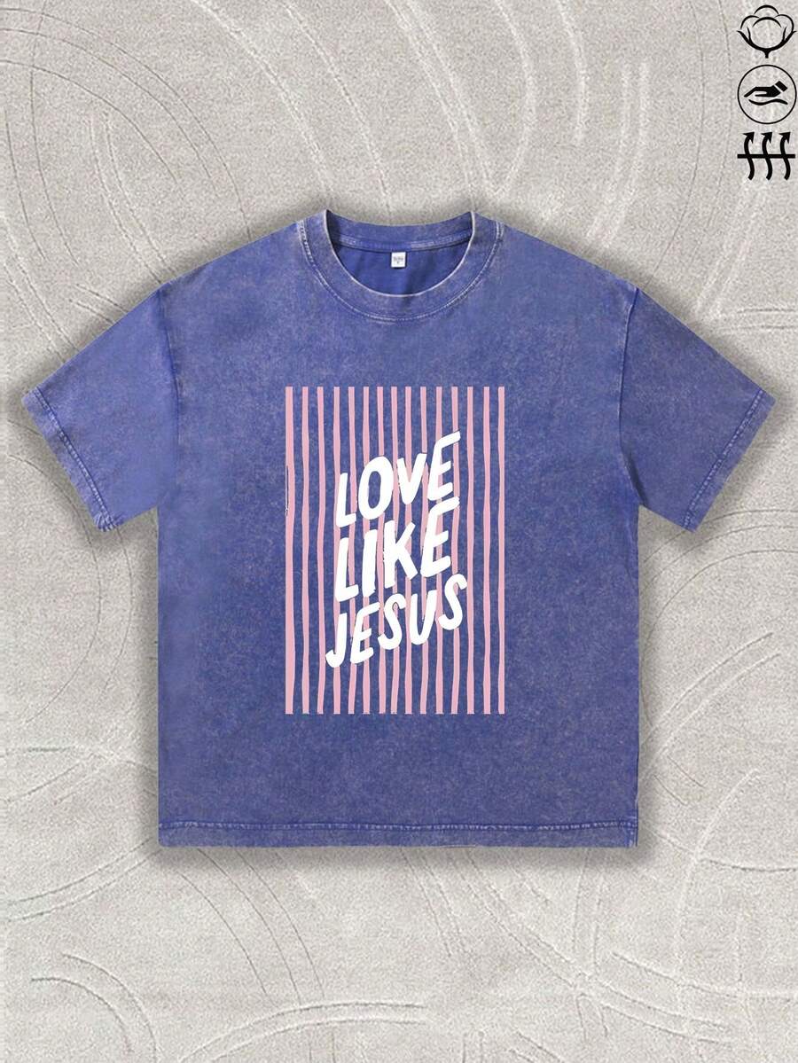 EWH 100% Pure Cotton,Pink Vertical Striped Background And "LOVE LIKE JESUS" Text,230g Round-Neck T-Shirt, Wash Water, Unisex 004-A - 藍色 - 查看 1