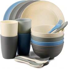 Shopwithgreen Wheat Straw Dinnerware Sets For 4, 20 PCS Unbreakable Plates And Bowls Sets, Reusable Dinner Dishes Set, Bowls, Cups, Plates For Camping, Kitchen, RV, Dorm, Dishwasher Microwave - 20PCS-coastal - View 8