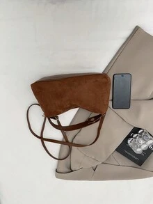 1 件棕色绒面面料顺滑拉链金属锁时尚百搭休闲纯色新款秋冬小众手提包，适合女性日常使用 - 棕色 - 查看 6