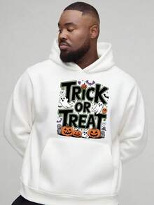 Men's Hooded Sweatshirt, Halloween Trick-Or-Treat Theme, _TRICK OR TREAT_ Slogan + Ghost, Pumpkin, Tombstone Decorations, Printed Sweatshirt, Comfortable And Soft, Unisex Hoodie, Great Choice For Gif,Fall Hoodies,Men's Fall Clothes,Street Wear,Halloween,Mens Hoodies,Y2k Clothes,Jesus Hoodie,Thanksgiving Day,Nightmare Before Christmas,Christmas - 白色 - 查看 1