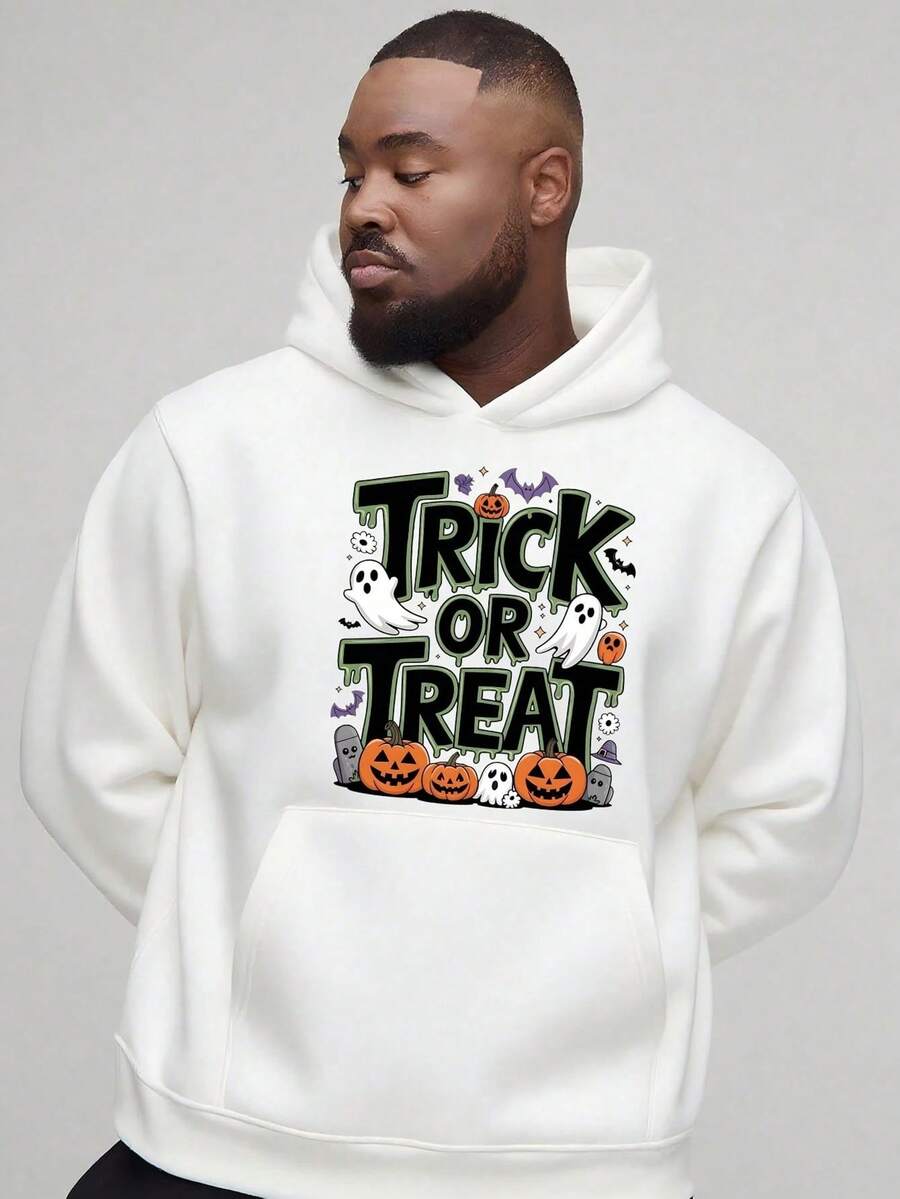 Men's Hooded Sweatshirt, Halloween Trick-Or-Treat Theme, _TRICK OR TREAT_ Slogan + Ghost, Pumpkin, Tombstone Decorations, Printed Sweatshirt, Comfortable And Soft, Unisex Hoodie, Great Choice For Gif,Fall Hoodies,Men's Fall Clothes,Street Wear,Halloween,Mens Hoodies,Y2k Clothes,Jesus Hoodie,Thanksgiving Day,Nightmare Before Christmas,Christmas - 白色 - 查看 1
