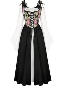 Medieval Renaissance Gown - Women's Floral Peasant Dress With Elegant Bell Sleeves, Festival Formal Dress - 黑色 - 查看 1