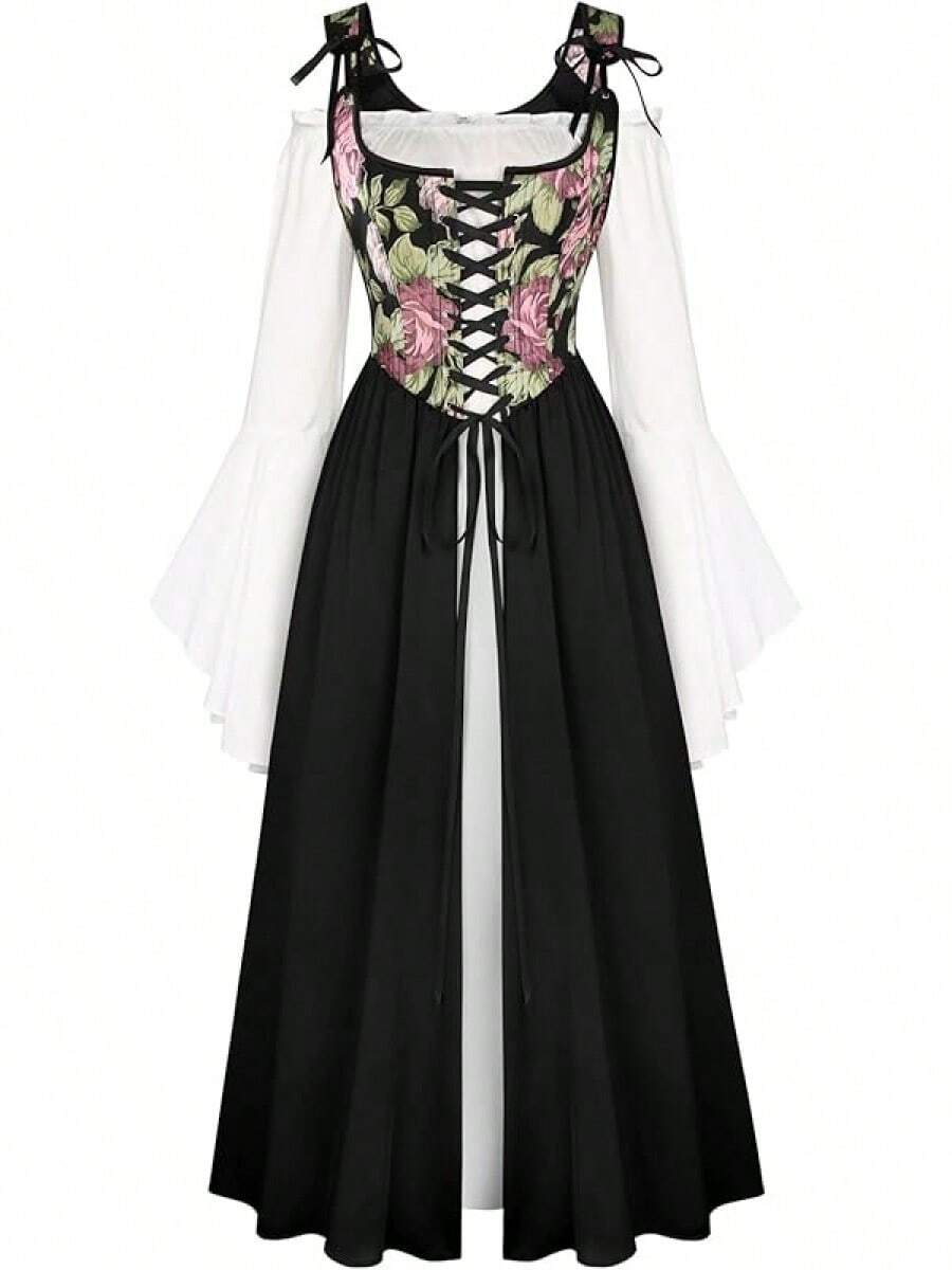 Medieval Renaissance Gown - Women's Floral Peasant Dress With Elegant Bell Sleeves, Festival Formal Dress - 黑色 - 查看 1