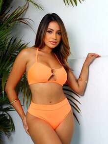 High Waist Bikini With Stainless Steel Ring – Elegance, Comfort And Perfect Fit | Available In Sizes XS, S, M And L - Oranye neon - View 4