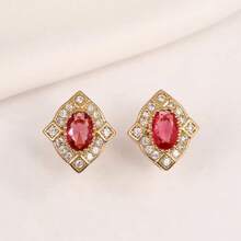 1Pair Vintage Red Crystal Stud Earrings, Square Frame With Sparkling ...