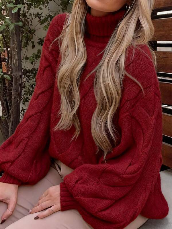 2025 Autumn/Winter New Loose Oversized Design Unique High Neck Knitted Sweater With Cable Pattern, Mid-Length