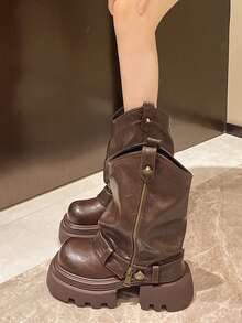 女款 2025 新款秋季厚底增高街頭風靴子，棕色復古騎士長靴，中筒靴，短靴 - 棕色 - 查看 3