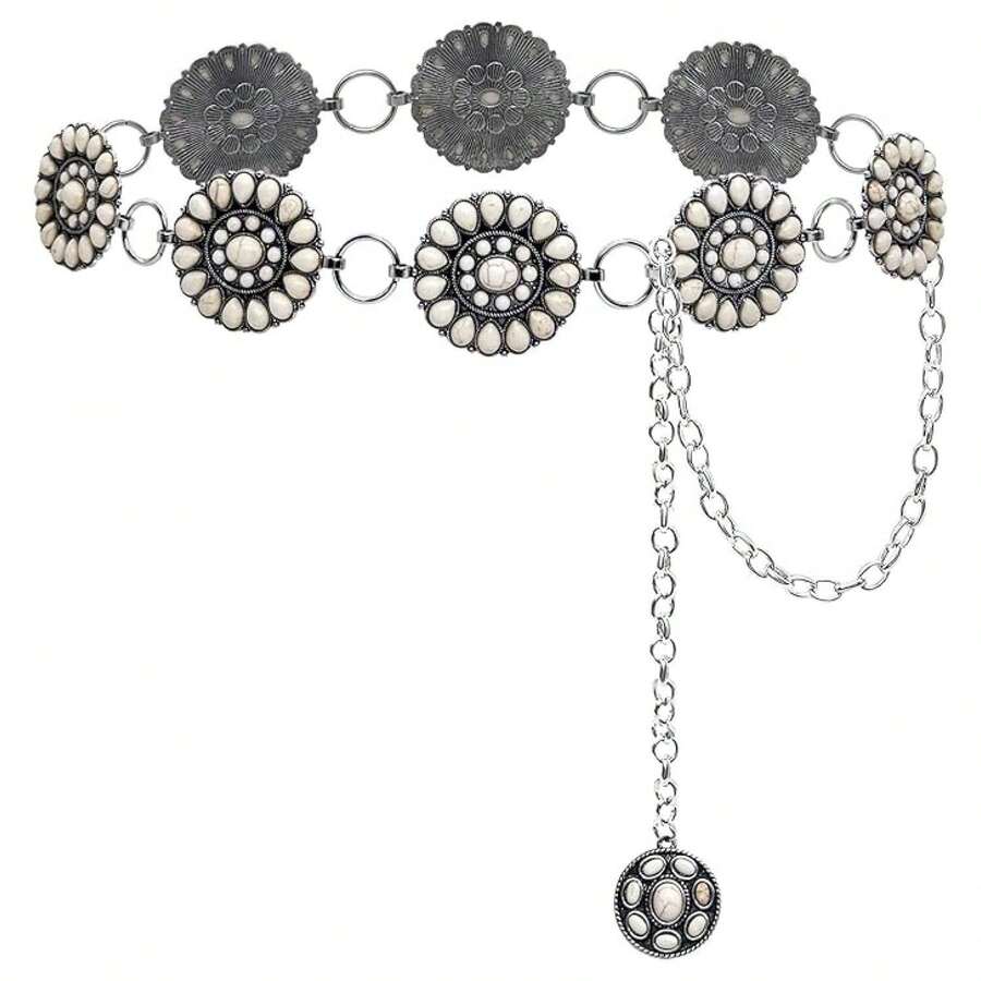 Turquoise Concho Belt Women Silver Western Belt 53 Inch Bohemian Waist Chain Belts Turquoise Leather Belt For Dresses Cowgirl Style - 多色667 - 查看 1