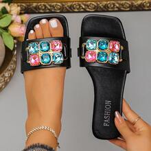 Dép đi biển đính đá Rhinestone cỡ lớn, khóa kim loại đa năng cỡ lớn dành cho nữ, thời trang, thoải mái, chống trượt, thích hợp để mang trong nhà và ngoài trời - màu đen - Xem 13