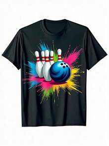 Mens & Womens Tie-Dye Bowling Shirt - Retro 80s Vintage Bowling Alley Graphic Tee With Pin Smash Effect - Black With PinkBlue Splatter - Soft Stretch Fabric Crewneck T-Shirt For Bowling Parties & Casual Outfits - Machine Washable, Bowling Accessories, Leisure Clothing, Comfortable Fit - 預設 - 查看 1