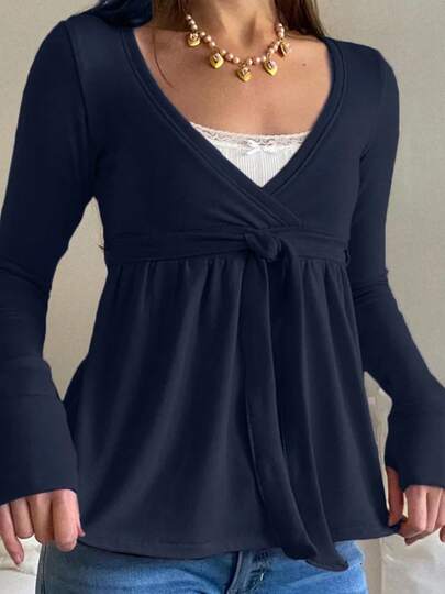 Women Blouse - Long Sleeve V-Neck Retro Loose Hem Casual Outfits